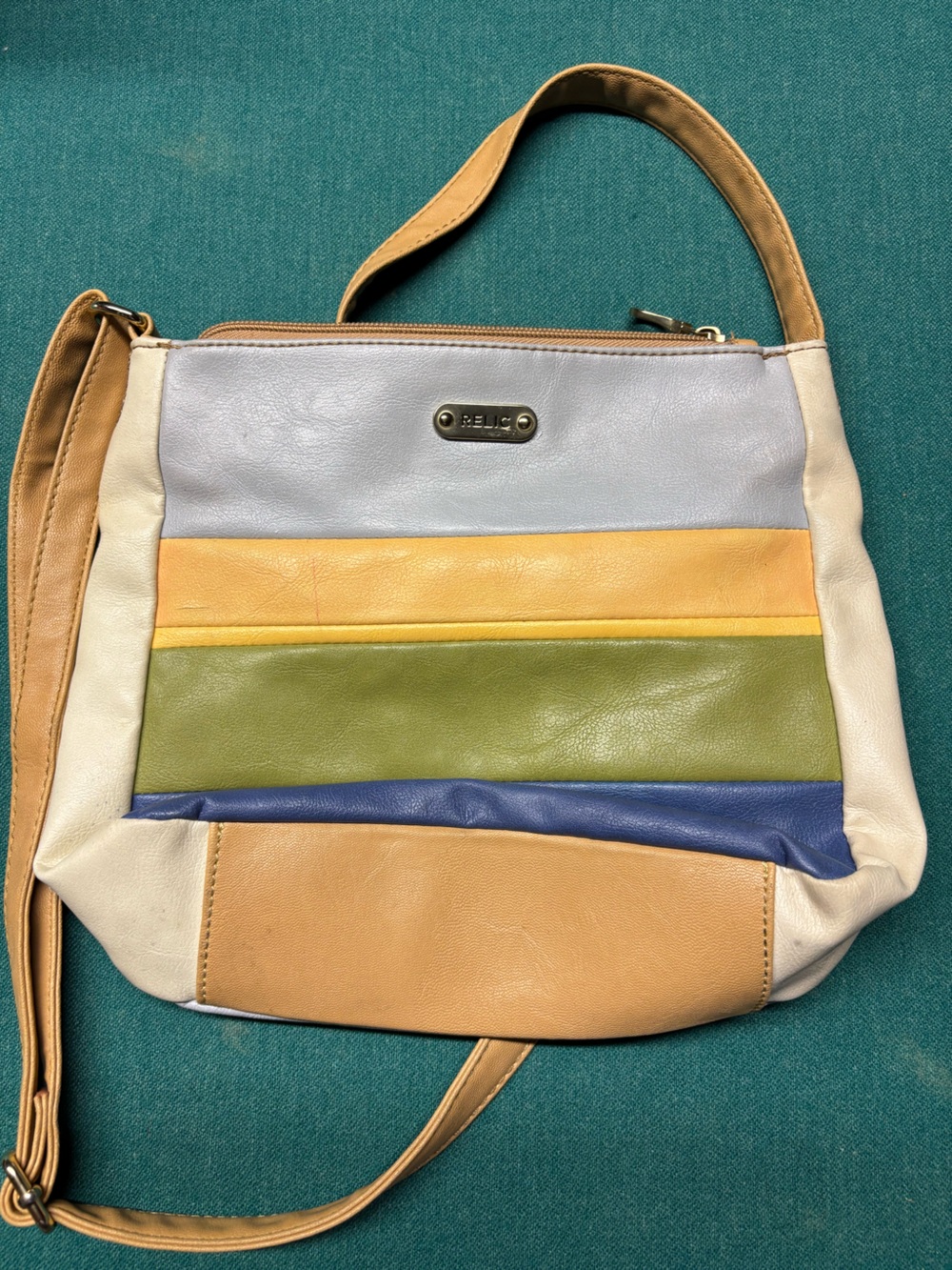 Relic Colorblock Leather Shoulder Bag in Blue, Green, Yellow, Tan, Cream